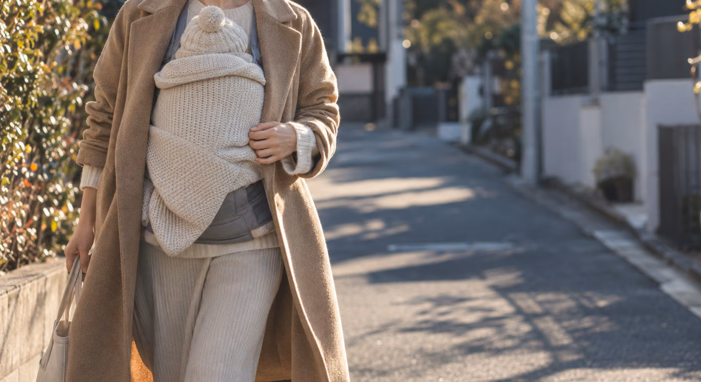 冬の住宅街で、生成りのニットのカバーで覆った乳児を抱っこ紐で抱き、その上からキャメルのウールのロングコートを前を開けて着た女性の胸元から腿まで。コートの前立てが乳児の背中の左右に落ちている