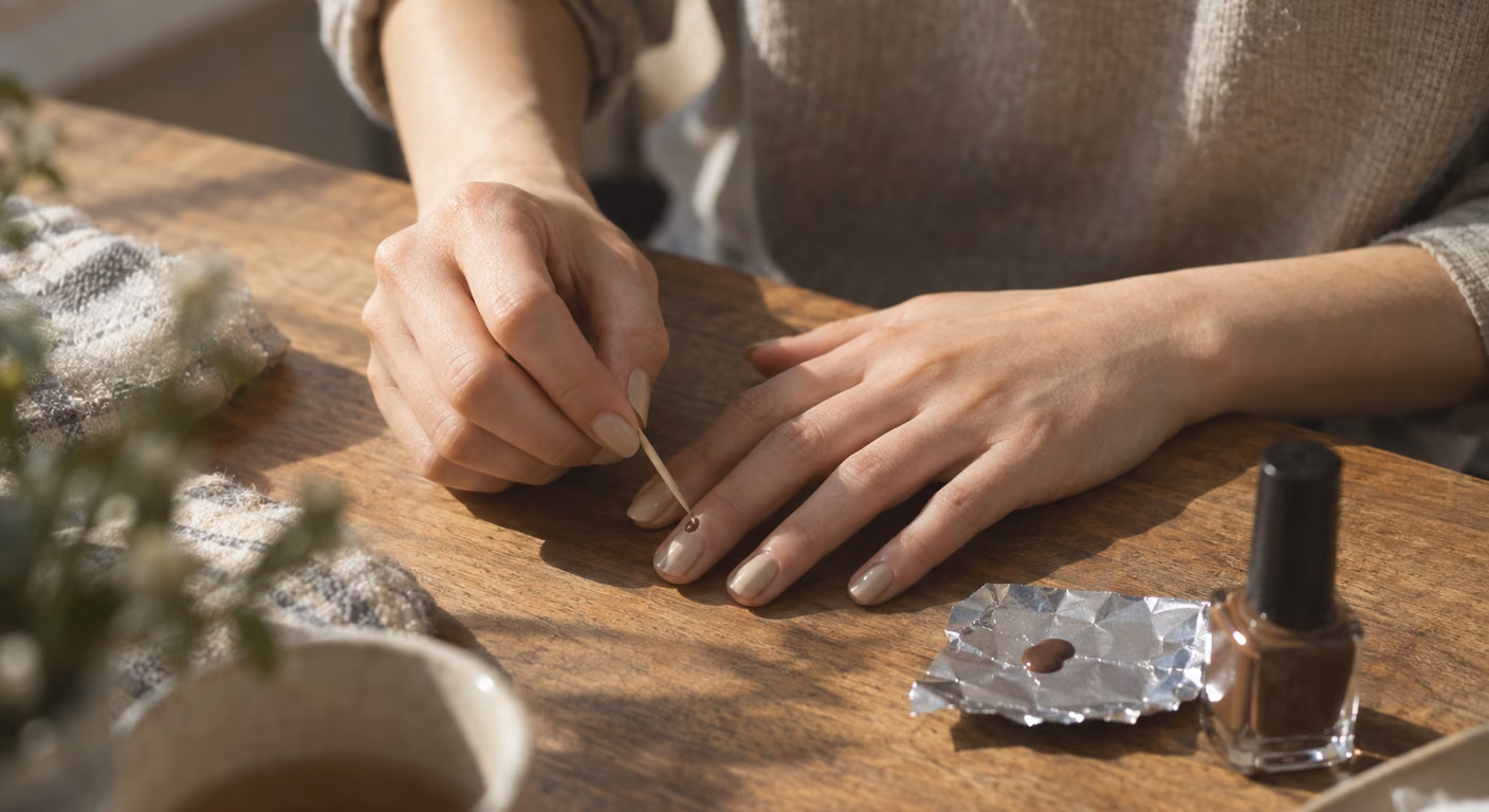ベージュに塗った爪の根元に、爪楊枝の先で茶色の小さな点を置いている手元