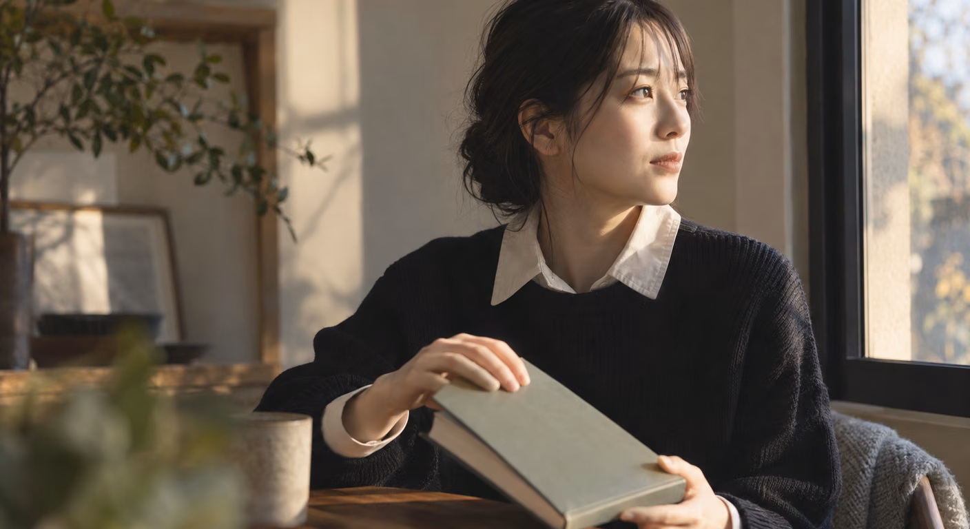 丸い目のやわらかな顔立ちの女性が、黒いニットの襟元から生成りのシャツをのぞかせて窓辺で本を閉じている上半身