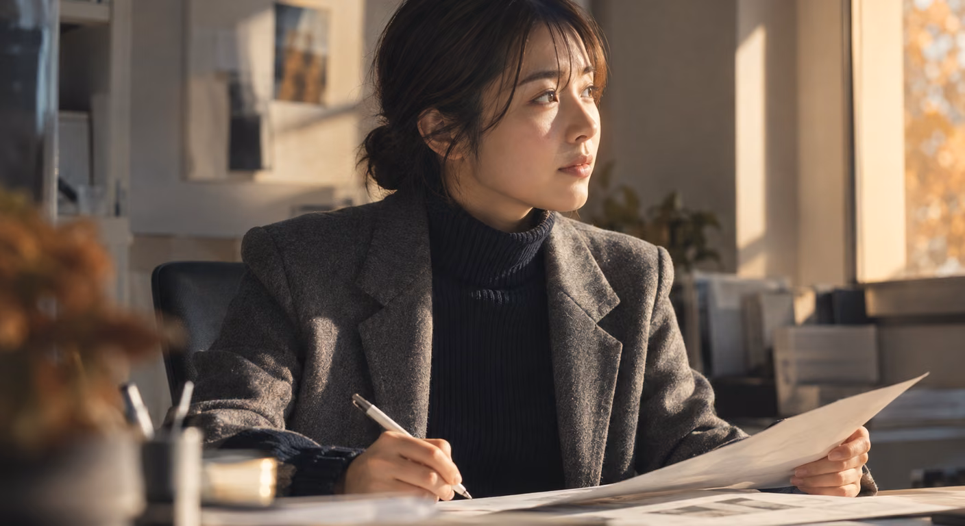 濃紺のハイネックニットにグレーのジャケットを重ねたやわらかい顔立ちの女性が、窓際の机で書類にペンを入れている