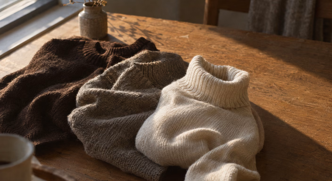 窓辺の木の机に、こげ茶とくすんだカーキのニット、生成りのタートルが無造作に重なって置かれている