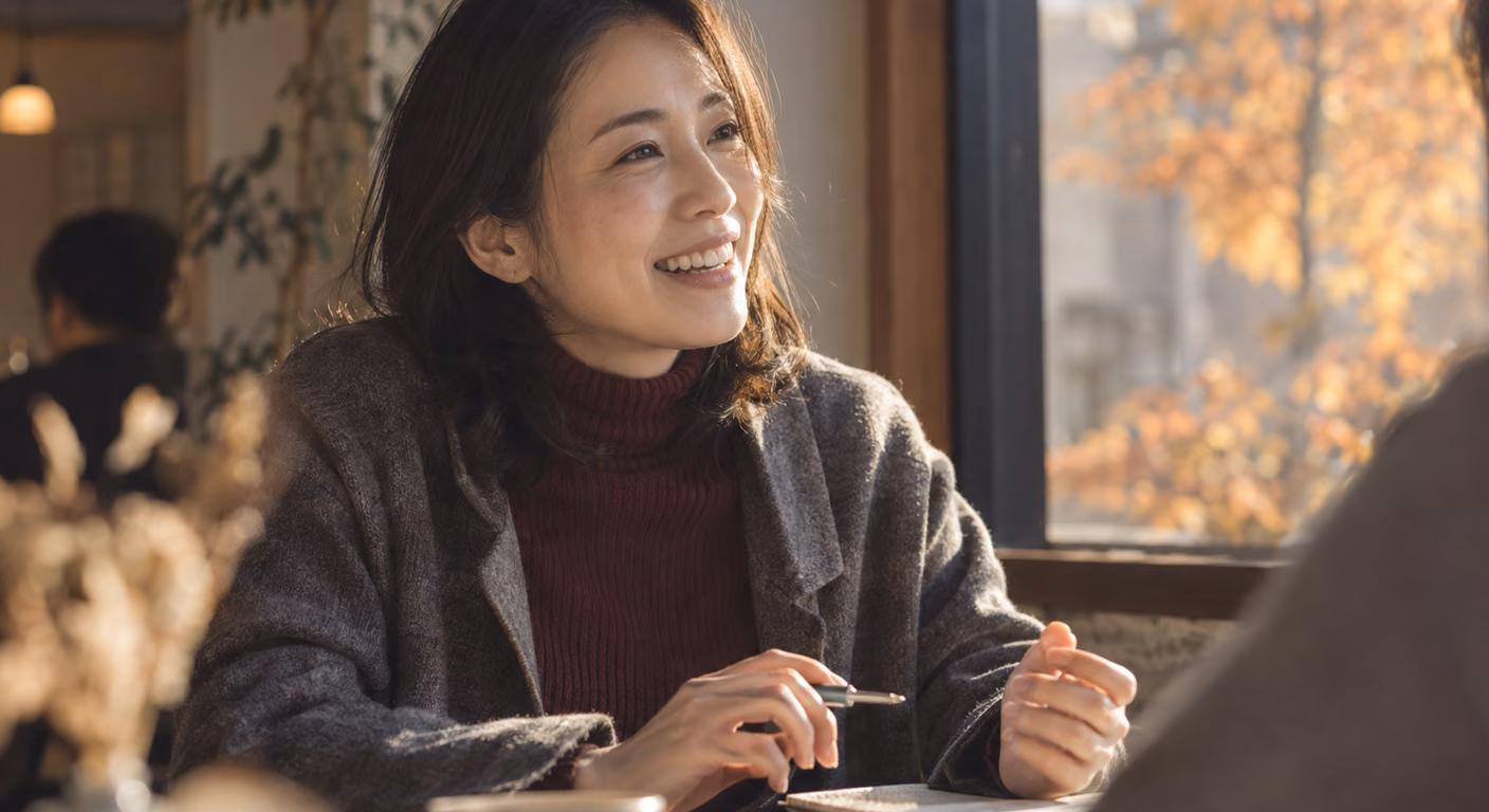 ボルドーのタートルネックにグレーのウールのジャケットを羽織った女性が、紅葉の見える窓際のカフェで向かいの人に笑いかけている