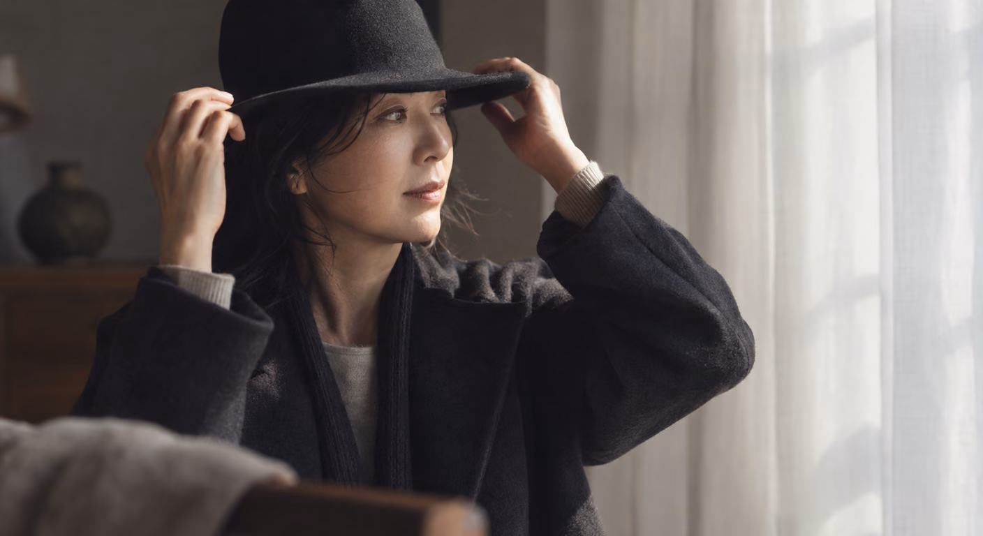 薄いカーテンの窓辺で、山に折り目のあるフェルトのつば広ハットを眉の上までかぶる女性の横顔と肩