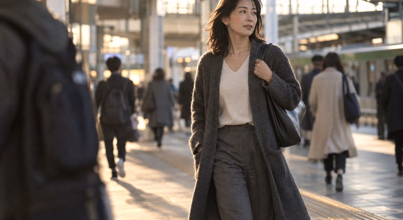 目の詰まった濃いグレーのロングカーディガンを羽織った女性が、駅の通路を歩きながら振り返る全身