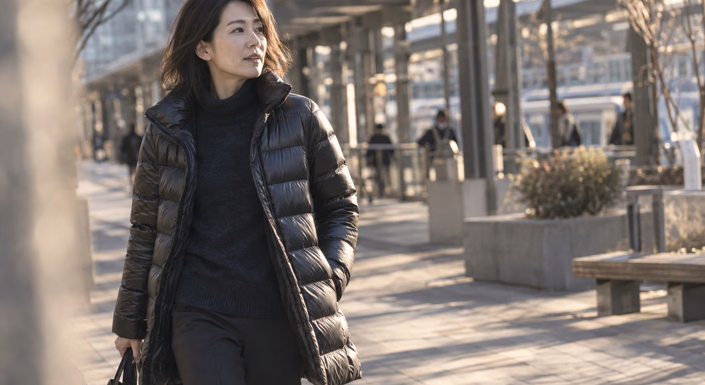 艶のある黒の短めのダウンを前を開けて着た女性が、冬の駅前の通りを歩いている全身