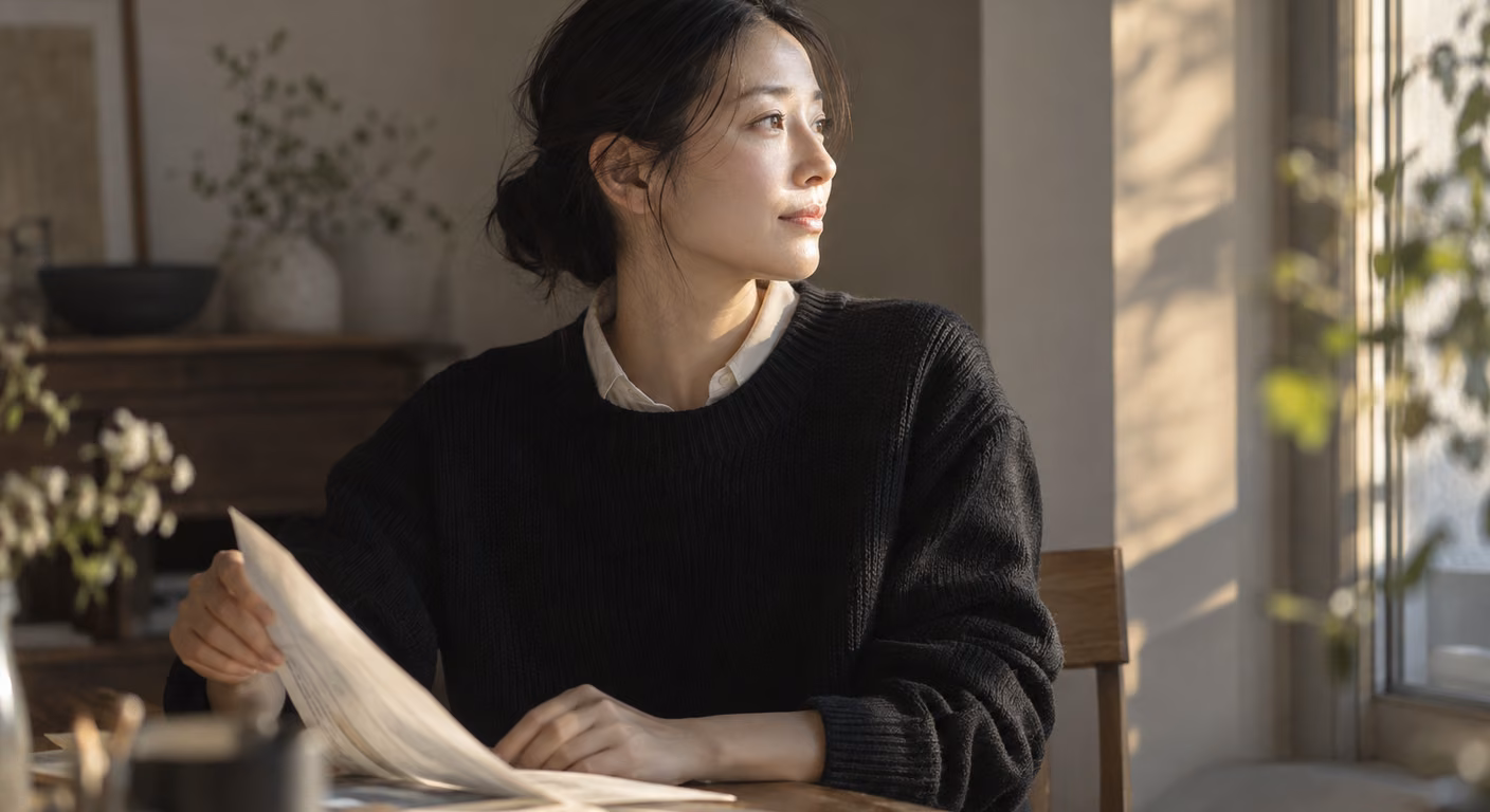 窓辺で、黒いウールのニットの襟元からアイボリーのシャツの襟をのぞかせた大人の女性の横顔