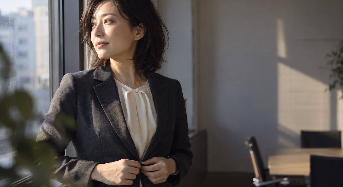 襟の角が丸いチャコールのジャケットの下に、とろみのある象牙色のブラウスを着て、窓辺でジャケットのボタンを留めている女性