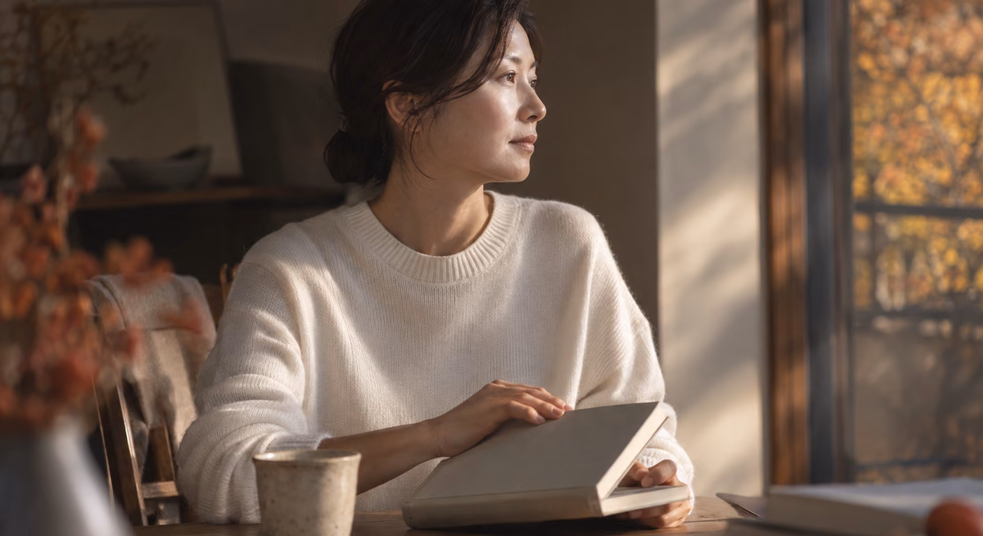 艶のある白いニットを着た大人の女性が、窓辺で横を向いて本を閉じている上半身