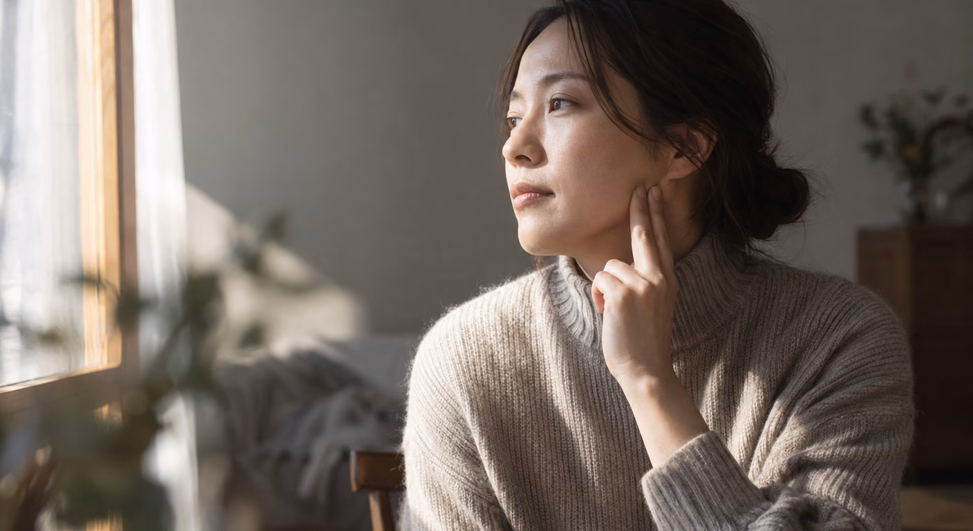 窓の光が横から当たる中で、タートルネックの女性が耳の下の輪郭に指先を当てて確かめている横顔
