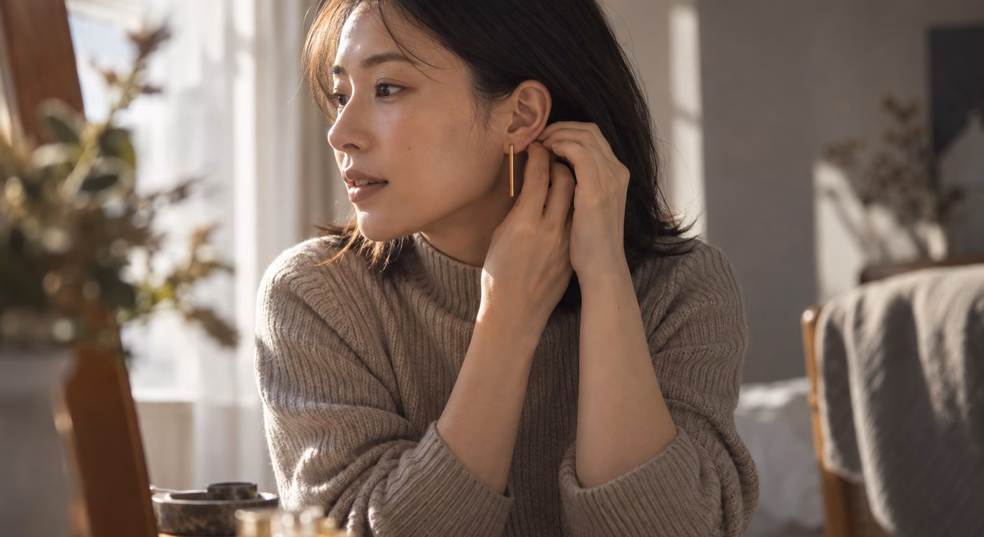 ハイネックのニットを着た女性の横顔で、耳たぶから細いイヤリングがあごの角より下まで垂れている
