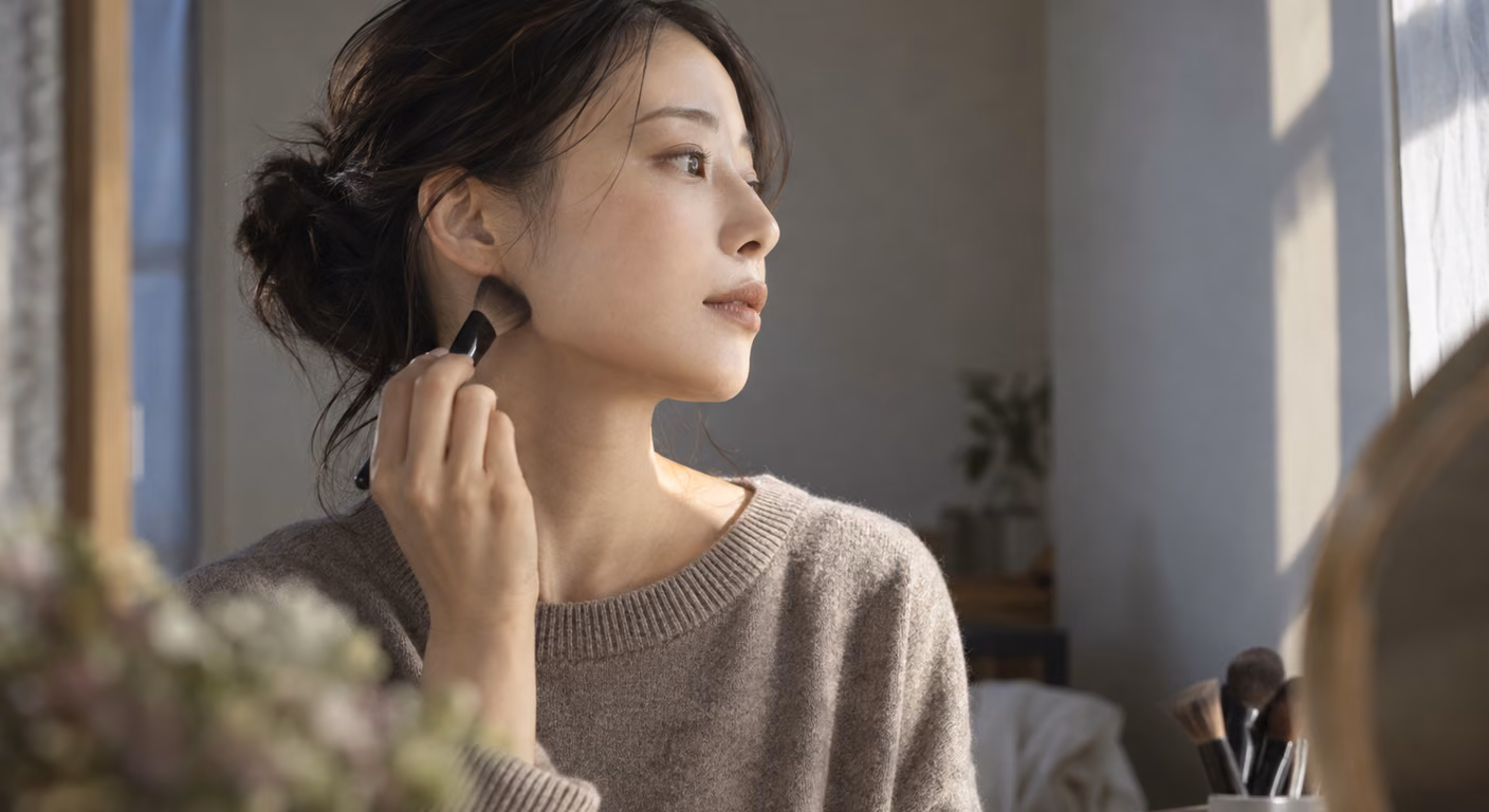 窓辺で横を向いた女性が、斜めの筆をあごの角に当てている
