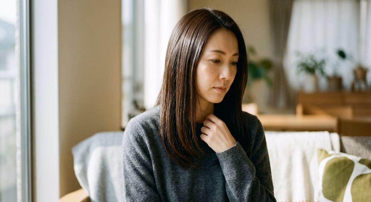 頬に膨らみを作らず、顔まわりがまっすぐ縦に落ちる艶のあるロング。顔タイプエレガントの髪型