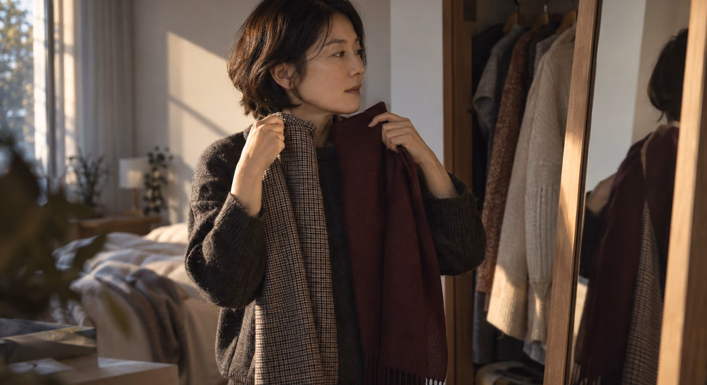 ボブの女性が、クローゼットの鏡の前で細かいチェックのマフラーと深いえんじ色の無地のマフラーを首元に当て、どちらが顔に合うかを見比べている