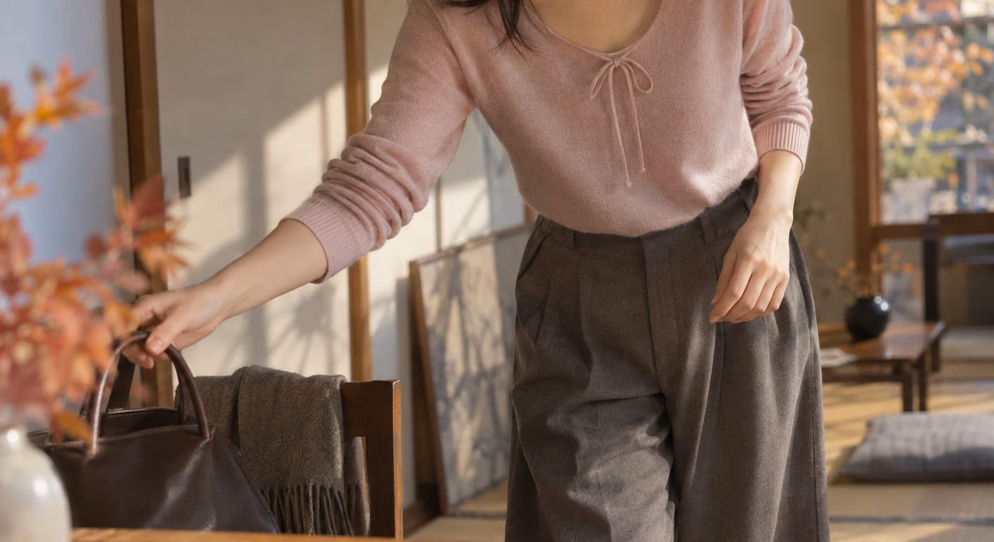 淡いくすんだピンクの薄手ニットに鎖骨の下で結んだ細いリボン、無地のパンツを合わせた女性の首から膝まで