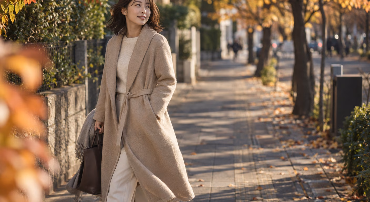 細めのショールカラーを少し開けた、柔らかく起毛したベージュの膝丈ウールコートを着た女性が、秋の並木道で振り返り裾が揺れている姿