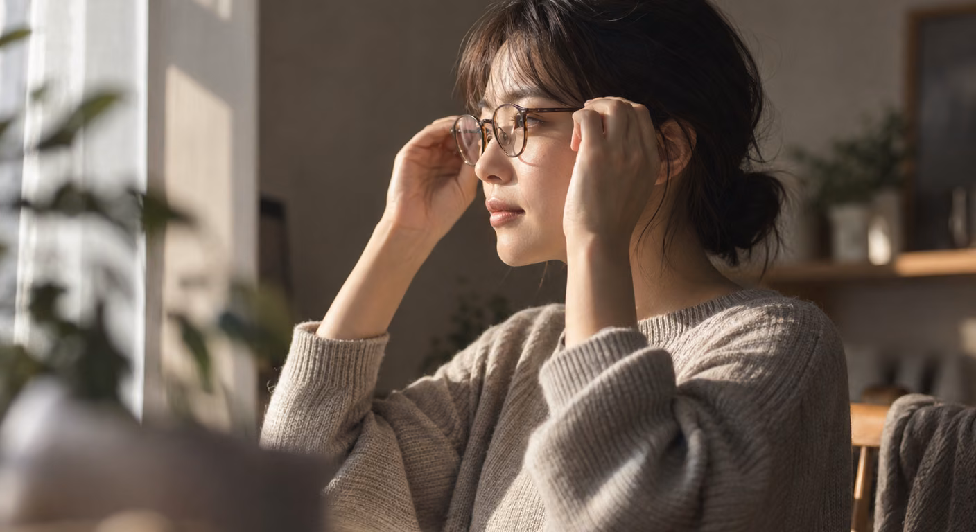 窓の光が差す部屋で、丸みのある細い縁の眼鏡を両手でかけ直す女性の横顔