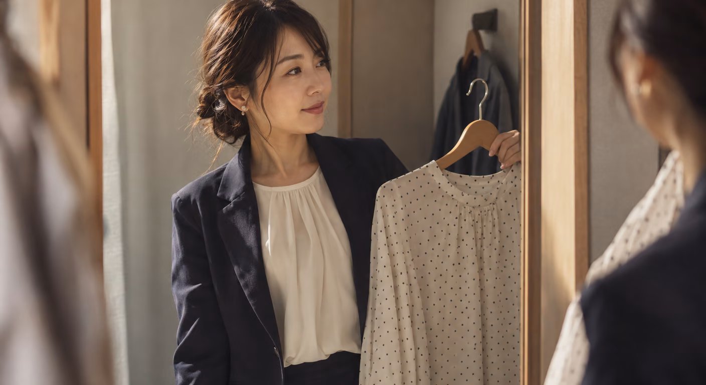 試着室の鏡の前で、紺のテーラードジャケットにアイボリーのとろみブラウスを着た女性が、小さなドット柄のブラウスをハンガーごと横に掲げて見比べている