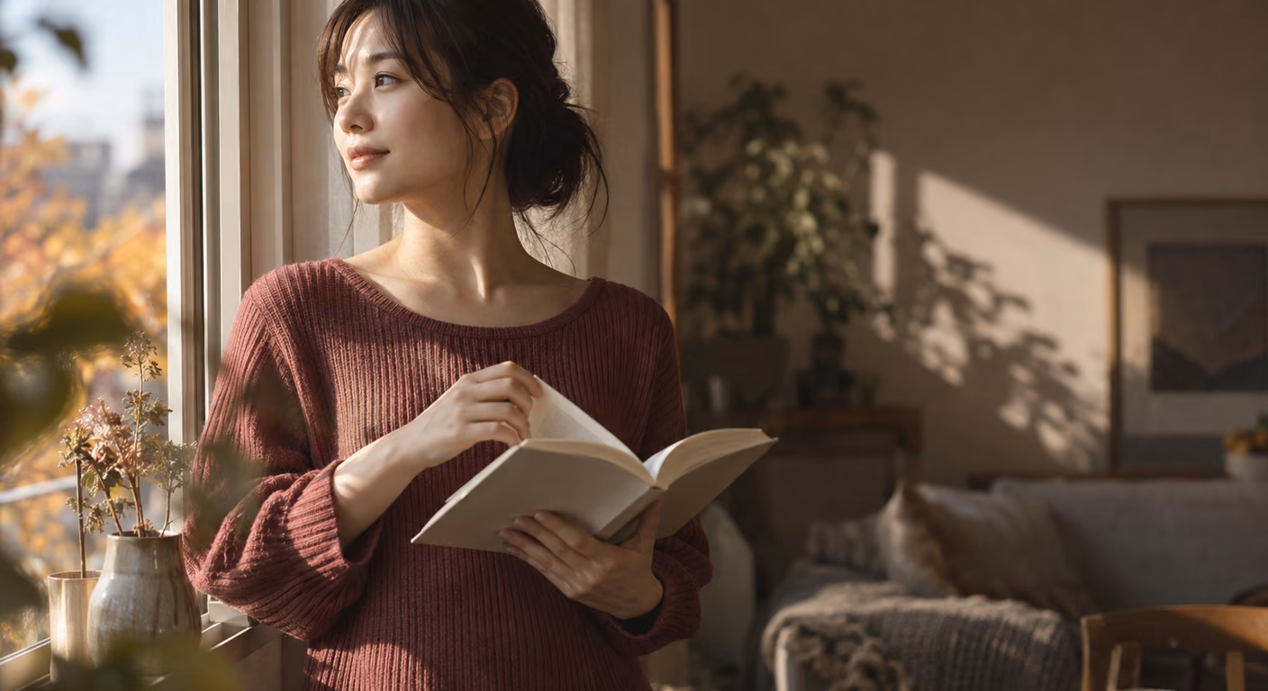 丸く開いた襟ぐりのくすんだローズ色のニットワンピースを着た女性が、窓辺で本のページをめくっている上半身
