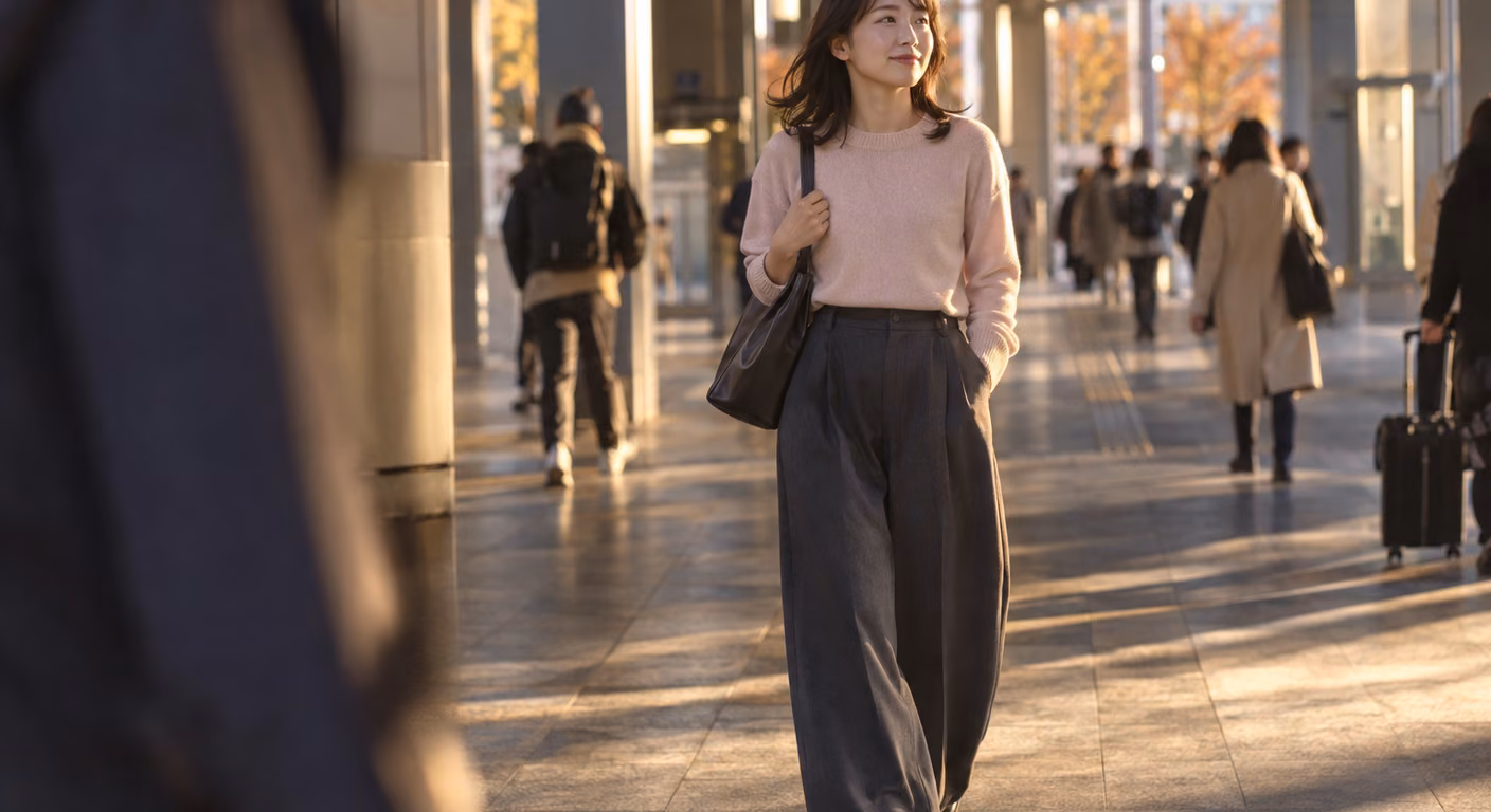 丈を靴の甲まで取った裾幅の広いやわらかいパンツに、短めの丸首ニットを入れて駅の通路を歩く女性の全身。裾の布が歩みで揺れている