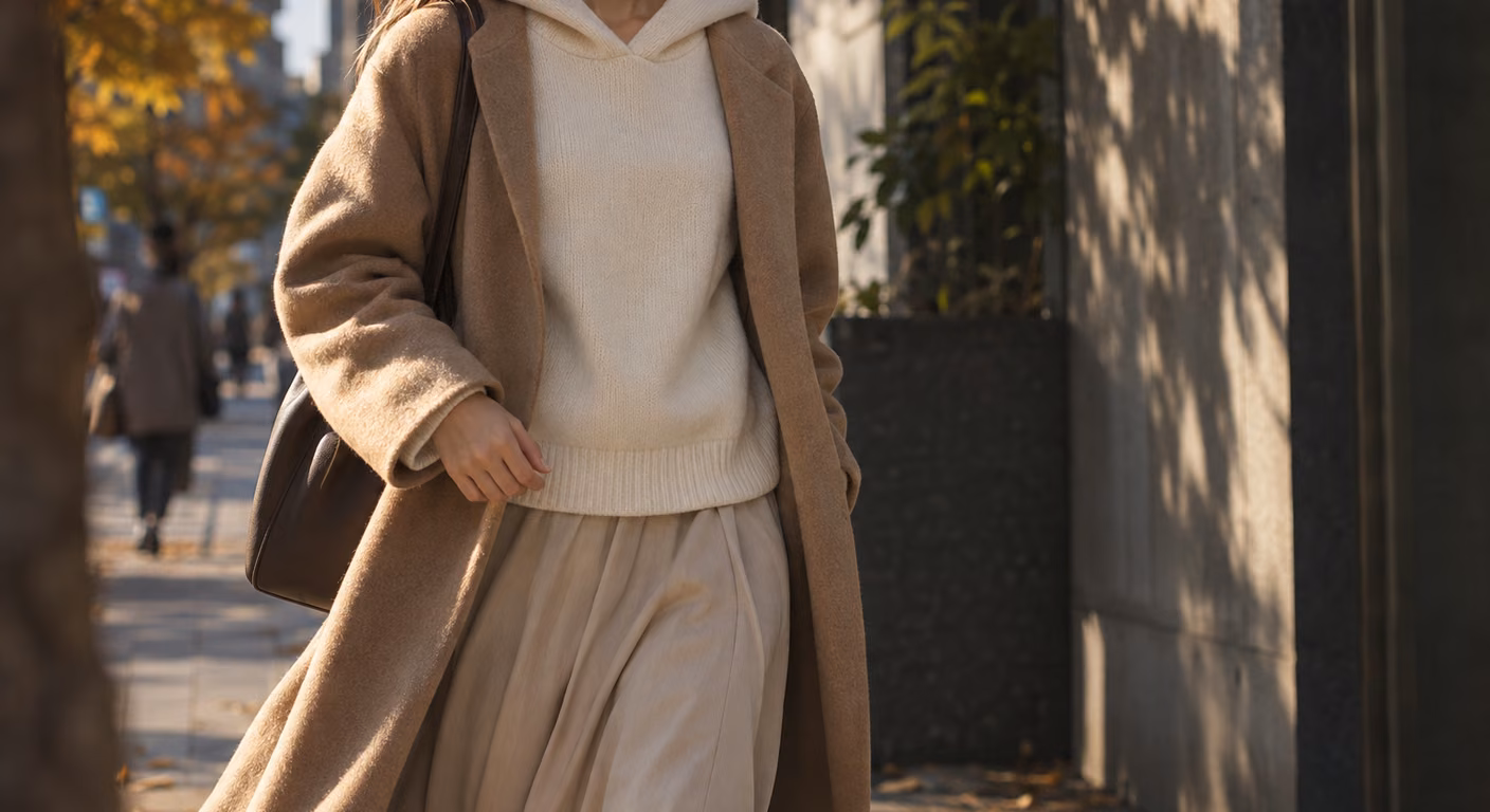 紐のない生成り色の厚手のパーカーにキャメルの柔らかいコートと長いスカートを重ねて歩く女性の首元から膝まで