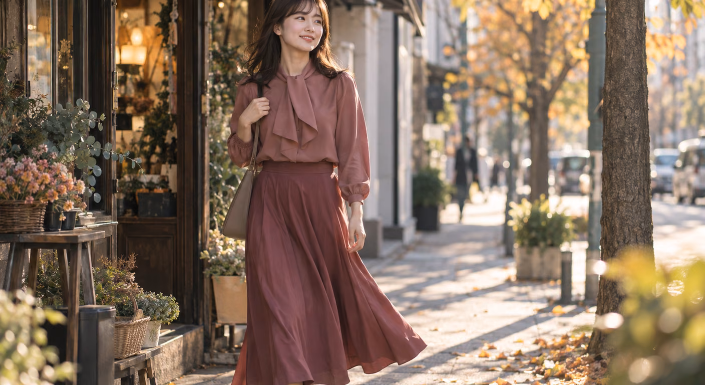 背の高い女性が、衿元に大きなドレープのあるブラウスとふくらはぎ丈のフレアスカートで街角を歩いている姿