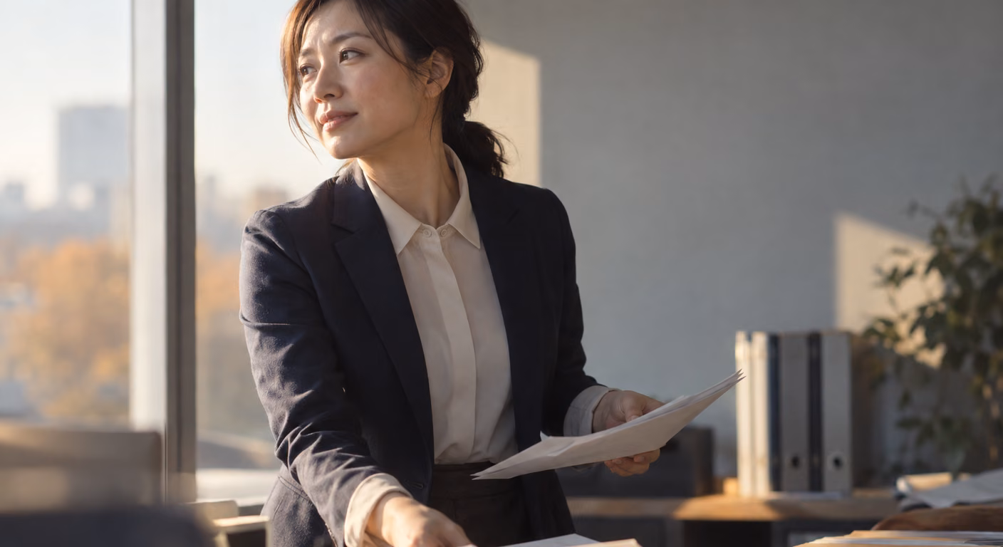 職場の窓ぎわで書類を手に取る女性の、尖った襟のブラウスと紺の上着の上半身