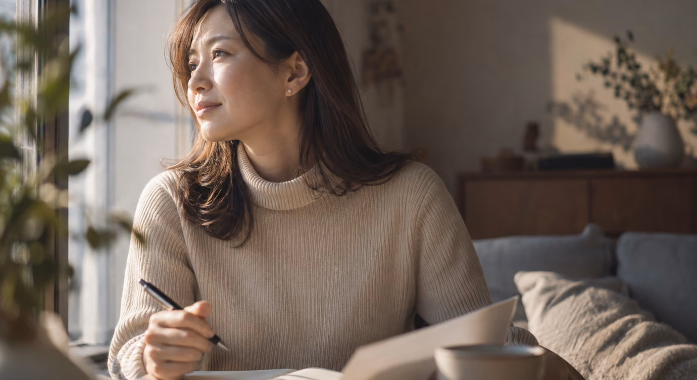 柔らかいベージュのタートルネックを着た女性が、窓辺でペンを手に考えごとをしている上半身