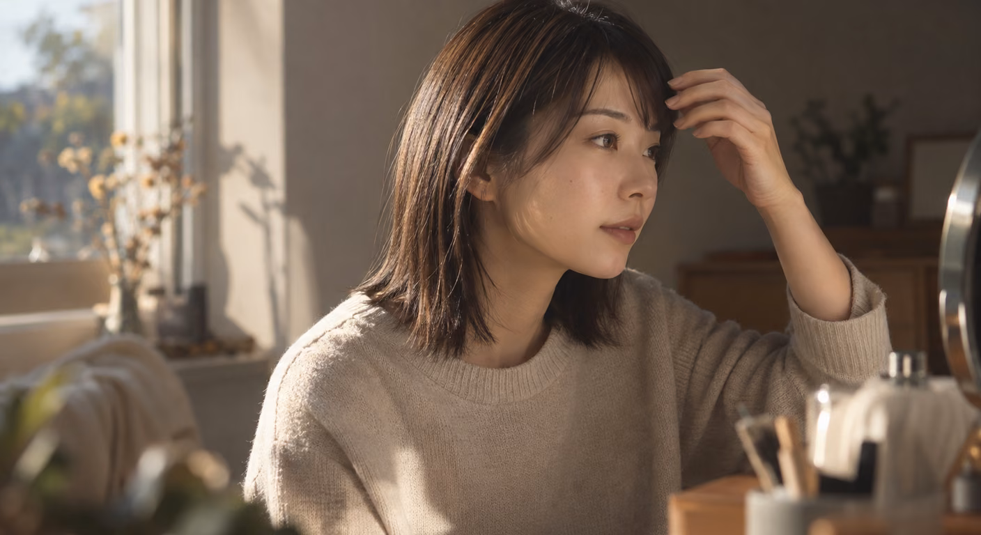肩につく長さの髪の女性が、窓辺で前髪を指先で横へ流している横顔