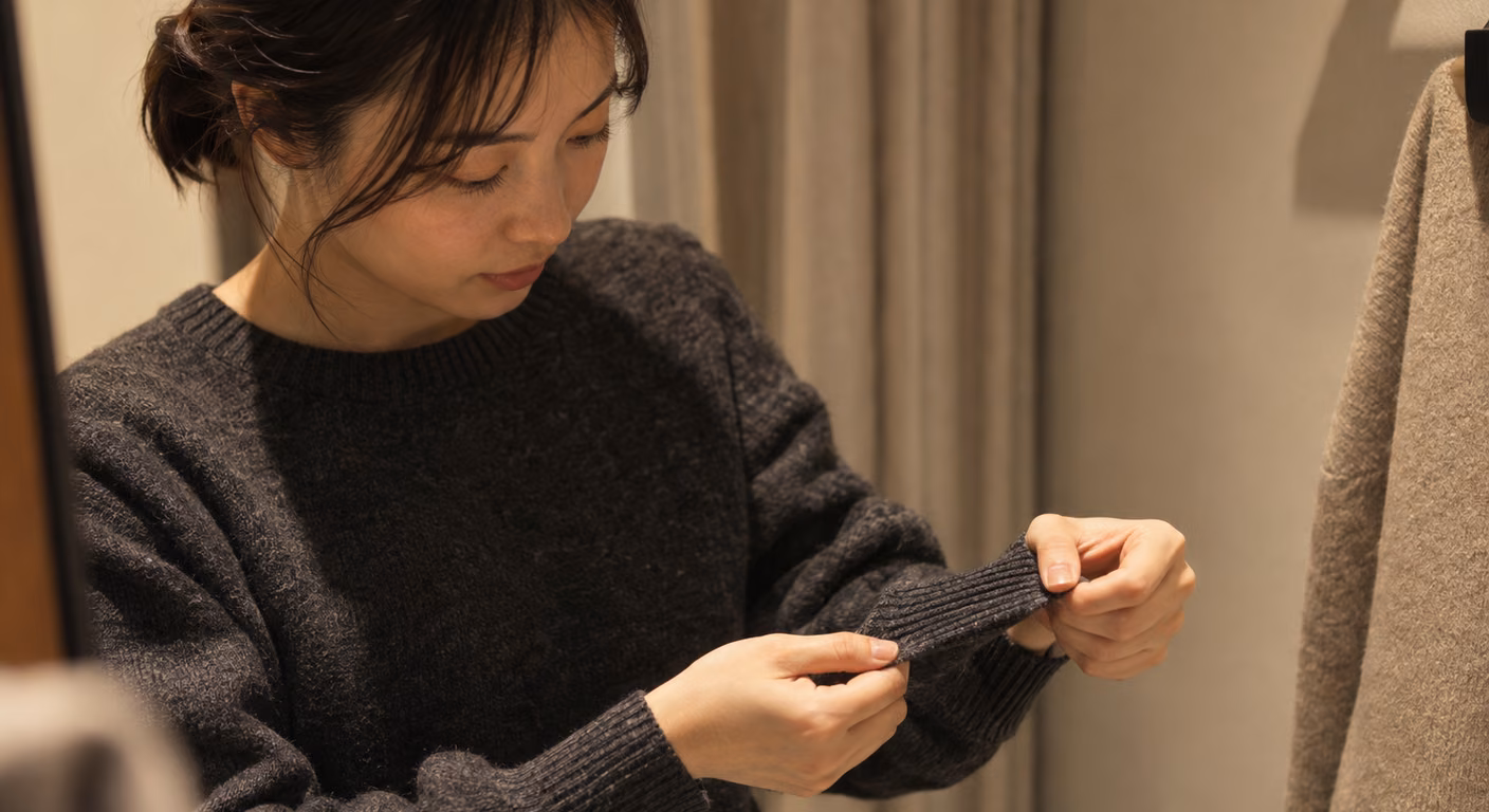 試着室で、着ているグレーのニットの袖口のリブを両手でつまんで引き、戻り方を確かめている女性