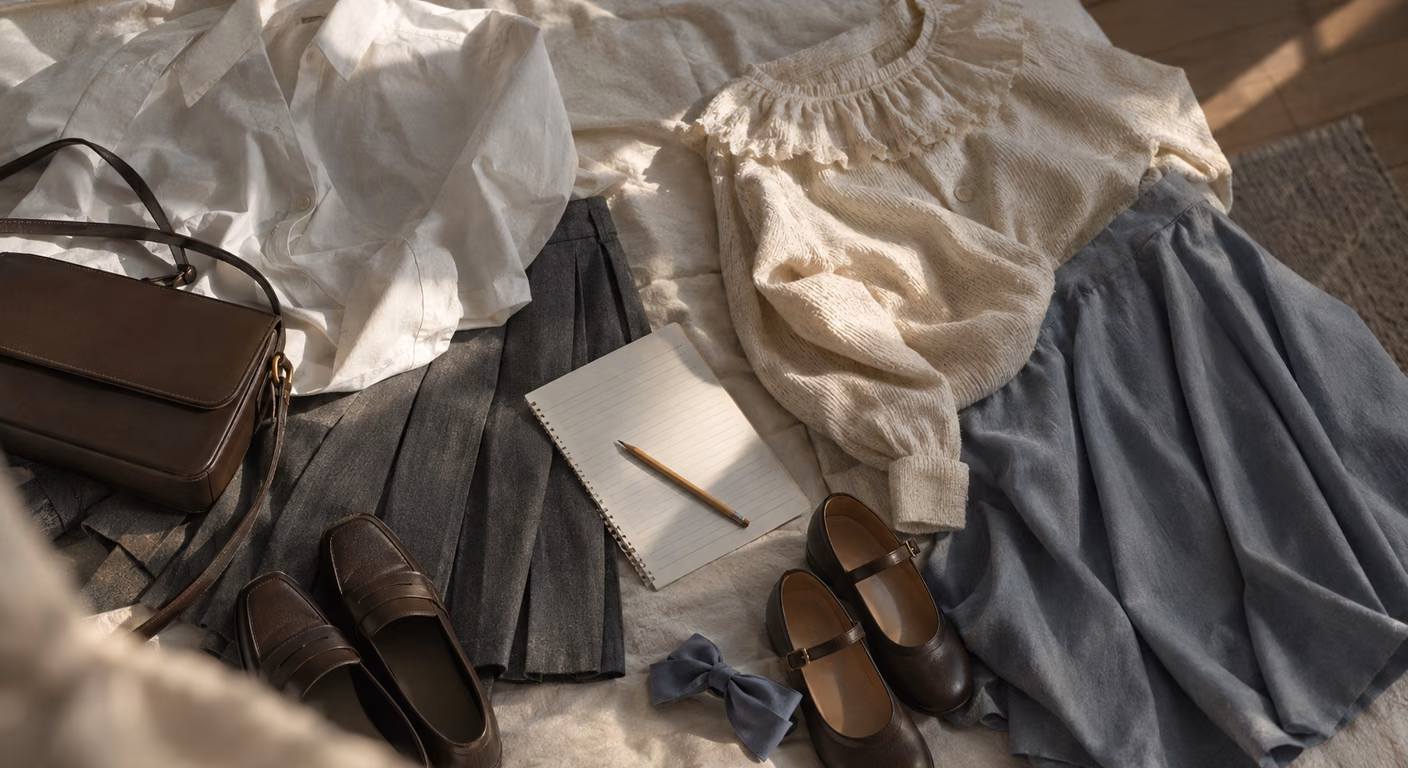 ベッドの上で、直線の服と丸い線の服を二つのかたまりに分けて置き、あいだに手書きの数え表と鉛筆を置いた様子