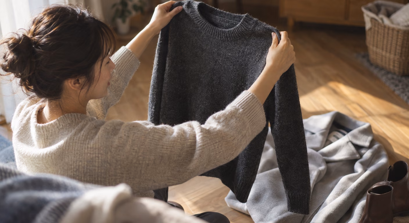 床に置いた冬のコートとブーツの前で、ニットを1枚手に持って見比べている女性の手元