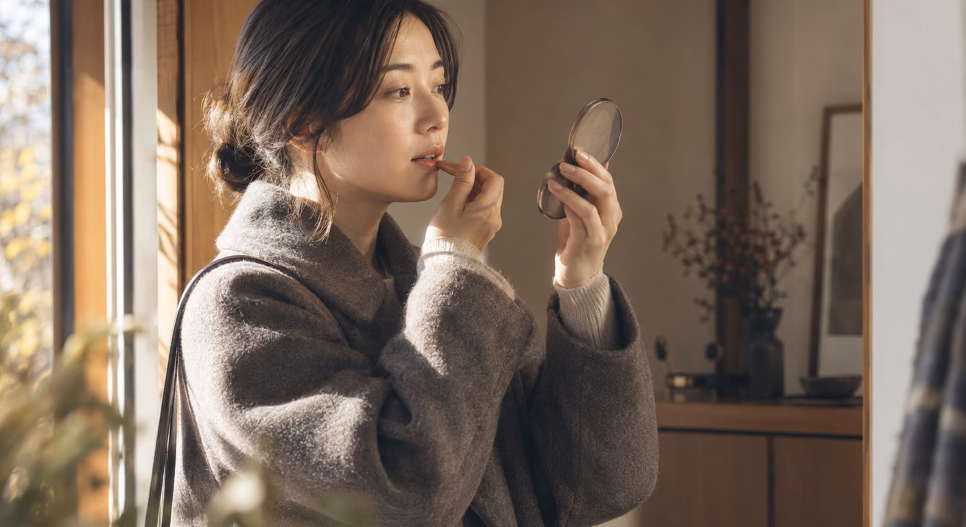 玄関で厚手のウールコートを着た女性が、小さな手鏡をのぞいて口もとを確かめている横顔
