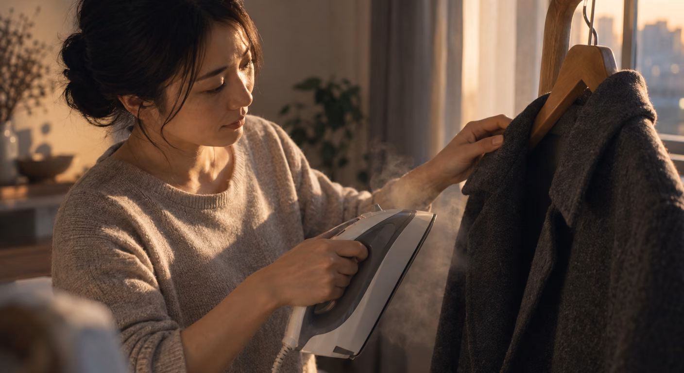 木のハンガーに掛けたチャコールのウールコートの襟に、少し離したアイロンから蒸気を当てている手元