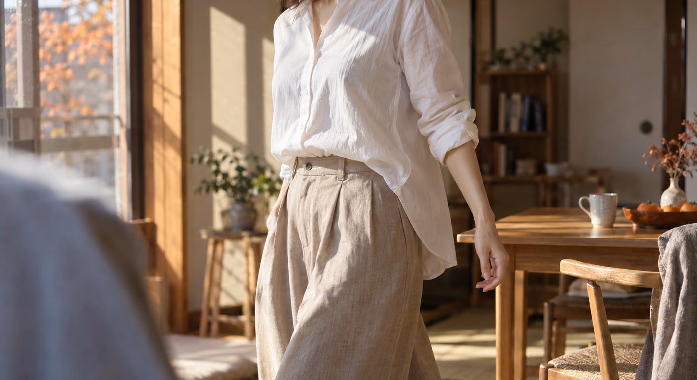 鎖骨から膝までの着姿。丸い裾の白いシャツの前だけをベージュのワイドパンツに入れ、脇と後ろの裾は外に出している