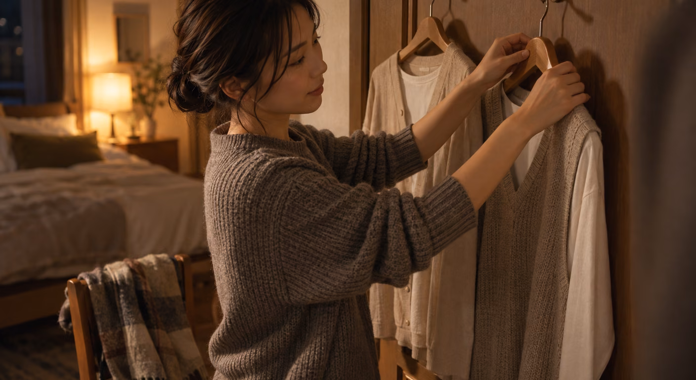 夜の寝室のドアに、厚さの違う羽織りを掛けた二本のハンガーを並べて吊るす手元