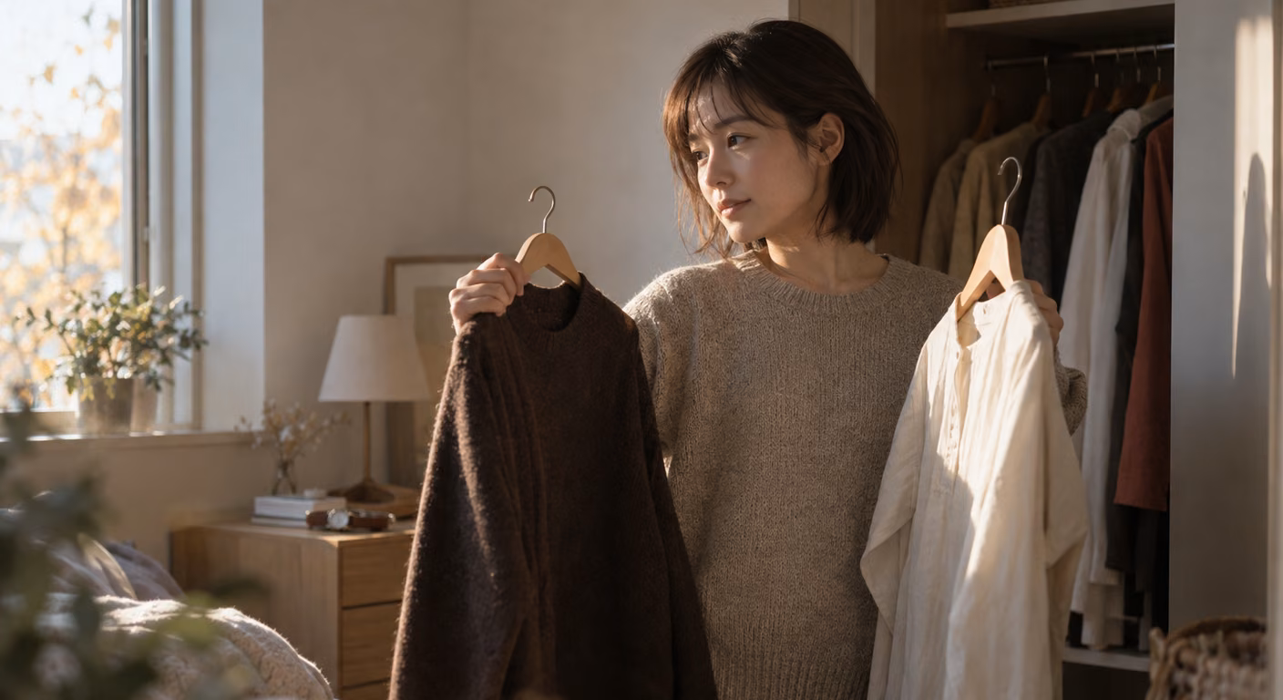 朝の寝室で、開いた洋服だんすの前に立ち、ハンガーの服二着を両手に持って見比べている女性