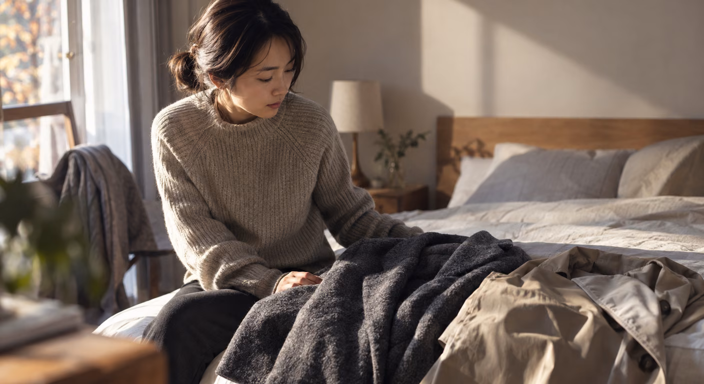 秋の朝、ベッドの端に座り、並べて置いた厚手と薄手の上着を見比べて、どちらにするか選んでいる女性