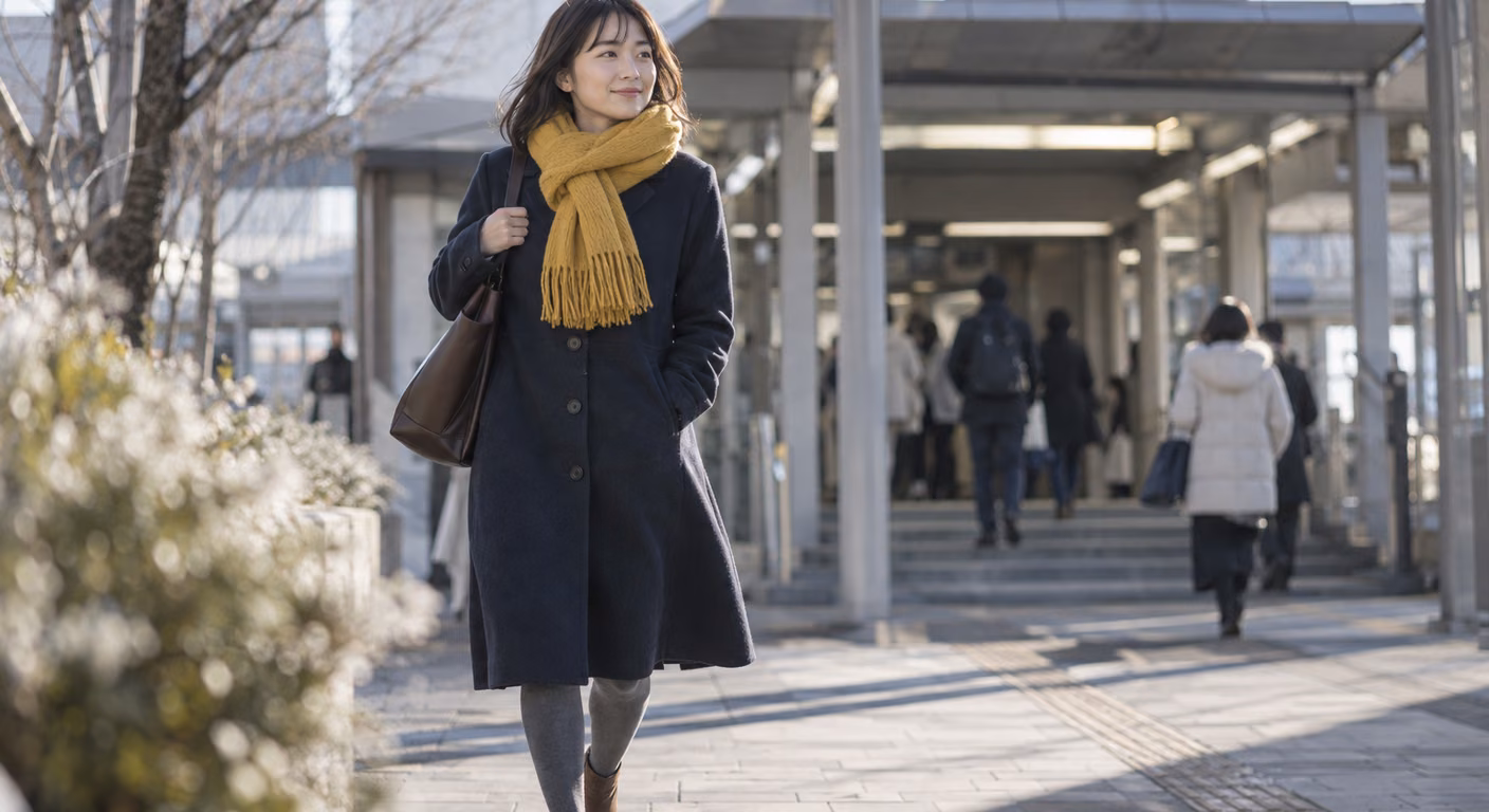 紺のひざ丈コートの首元にからし色の大判ストールを巻き、裾の下から灰色のタイツと茶色のショートブーツがのぞく女性が、冬の駅前の歩道を歩いている