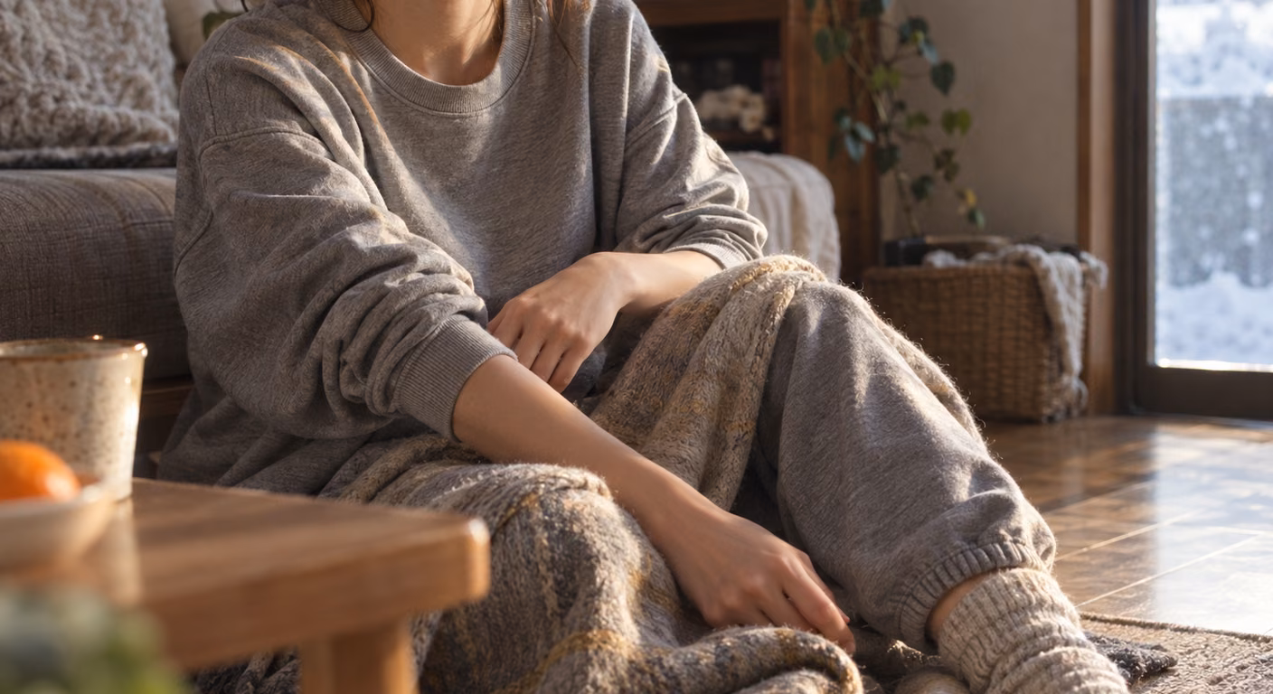 冬の部屋で、裾にリブのあるスウェットの上下と厚手の靴下で床に座り、膝に毛布をかけた女性の胸から膝