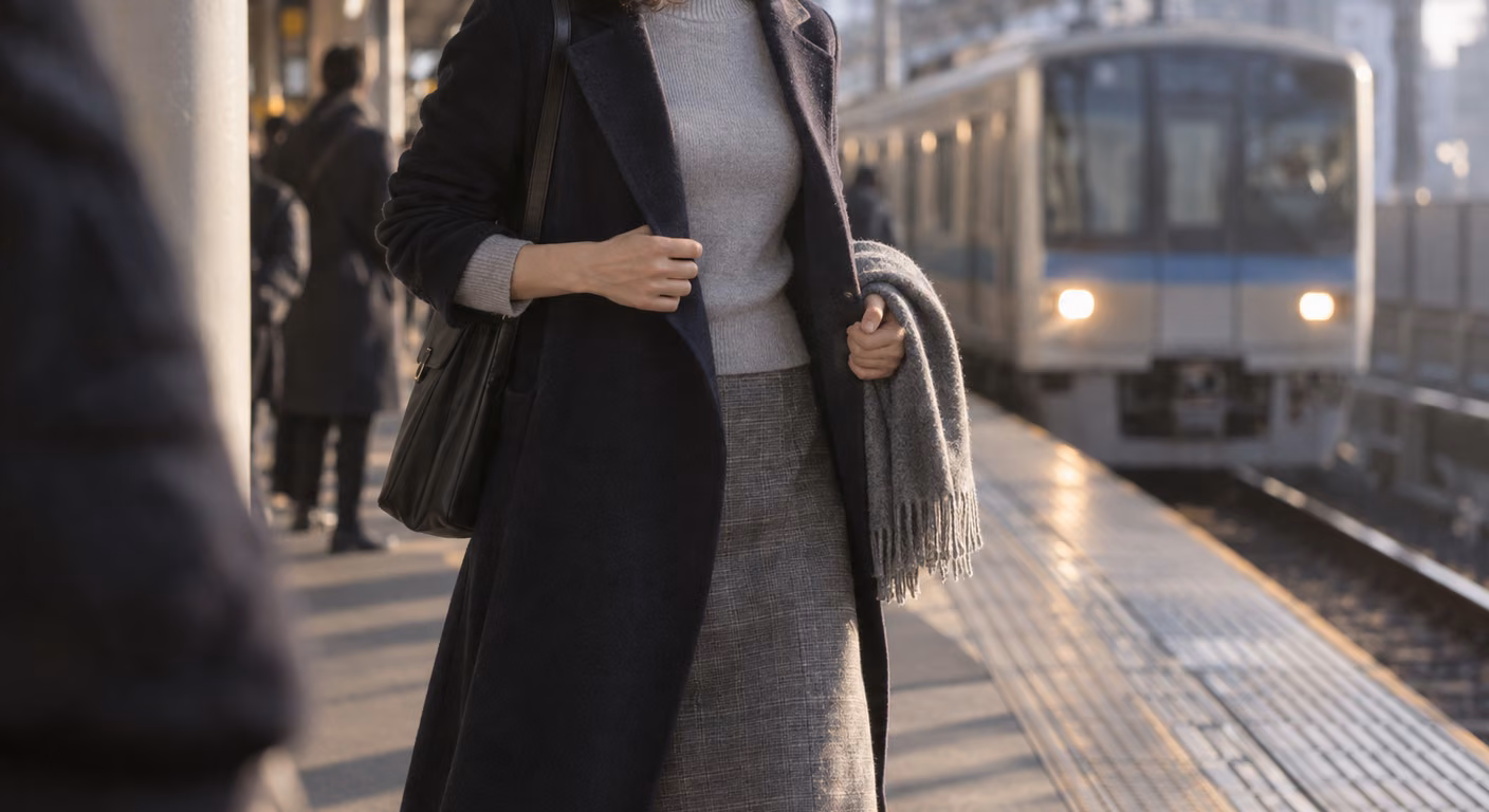 冬の朝の駅のホームで、紺のウールコートの前を開けて下の薄手のグレーのニットを見せ、外した巻き物を腕にかけた女性の胸元から膝まで