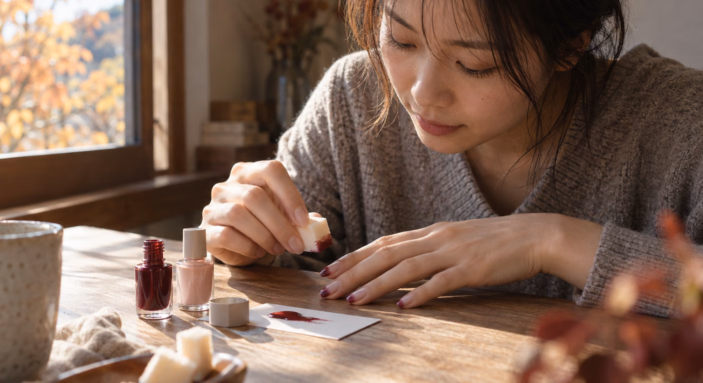 紅葉の見える窓辺の木の机で、灰色のニットの女性が小さく切ったスポンジを持ち、爪の先に深いボルドーのマニキュアを重ねている。机には淡いピンクとボルドーの瓶、色を出した白い紙が置かれている