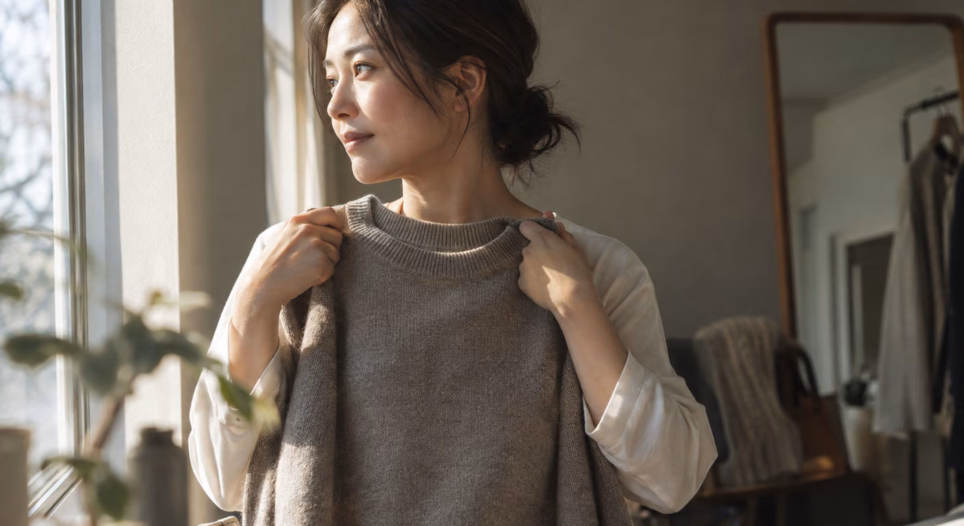 窓の光の中で、女性がグレージュのニットを胸元に当てて、顔に映る色を確かめている横顔