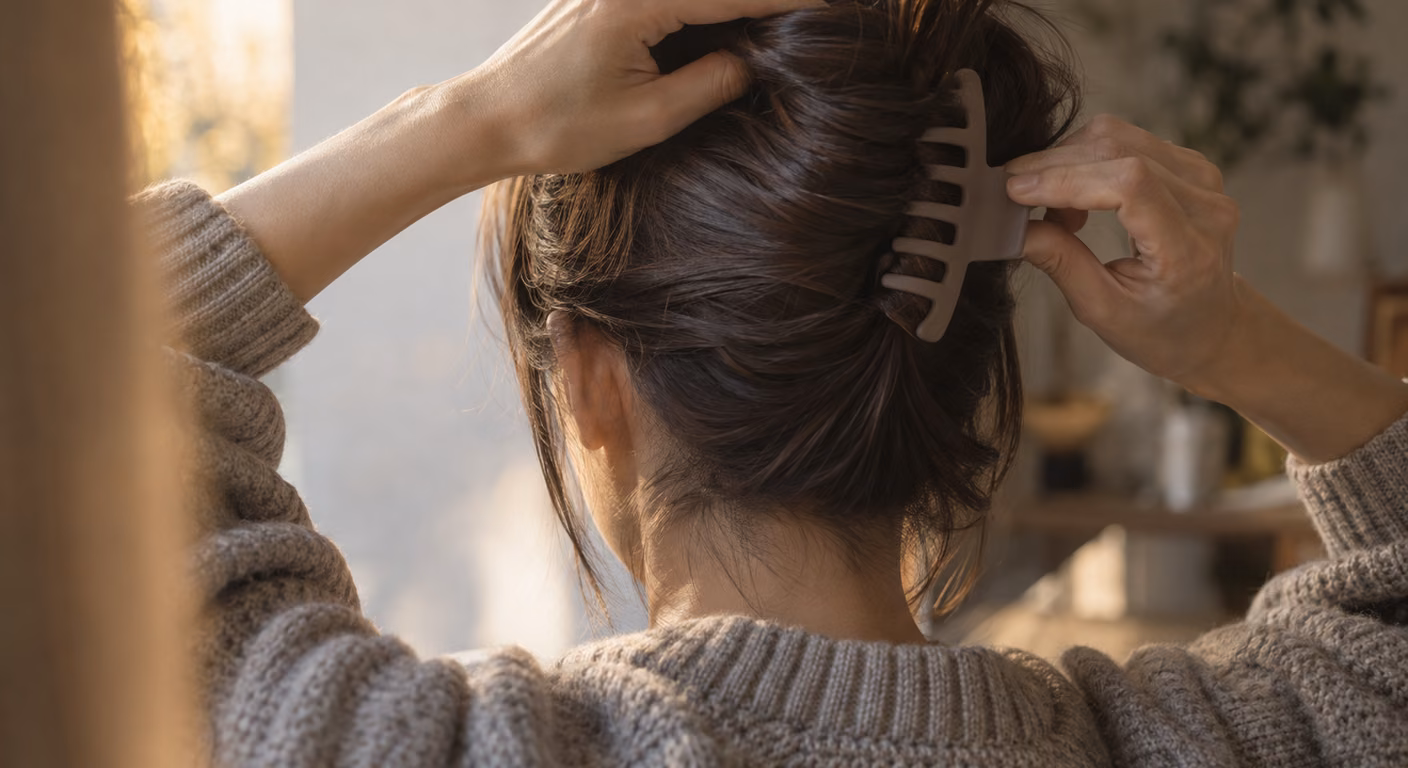 肩までの髪を後頭部でねじり上げ、ヘアクリップで留めようとしている手元。下にニットの襟が見える