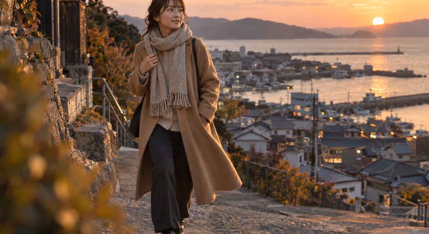 夕暮れの港町の坂道を、キャメルのウールのコートにマフラーを巻いた女性が歩いて振り向き、背後に海と灯りはじめた街並みが遠くまで続いている