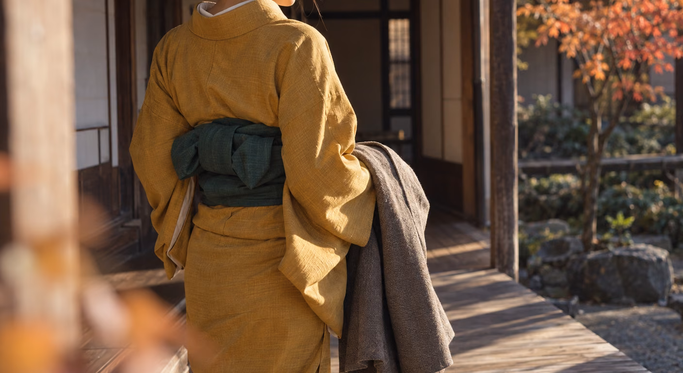 紅葉の見える町家の縁側で、からし色の木綿の着物に深緑の兵児帯を小さくまとめて結んだ女性の後ろ姿。腕には灰色の羽織を掛けている