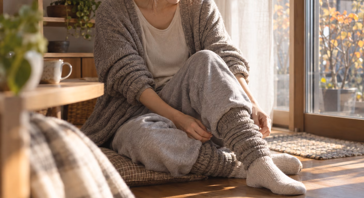 窓辺の木の床でクッションに座り、厚手の靴下にレッグウォーマーを重ね、腰まで隠れる丈のカーディガンを羽織った部屋着の女性の胸から足元