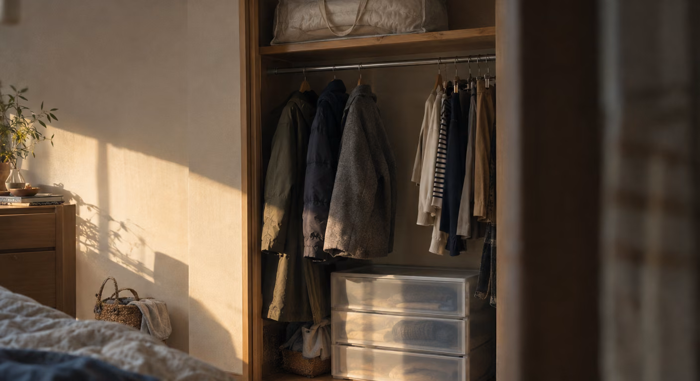 一人暮らしの部屋のクローゼット。上段に布の袋に入れた布団、パイプの片側に厚手の上着、もう片側に丈の短い服がまとめて掛かり、下に引き出しのケースが置かれている