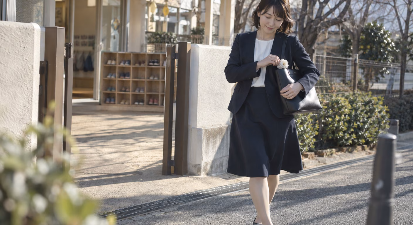 保育園の門を出て通りへ歩く母親。紺のジャケットに白いブラウス、紺の膝下スカートで、肩に掛けた黒い通勤用のバッグに白い小さなコサージュをしまおうとしている