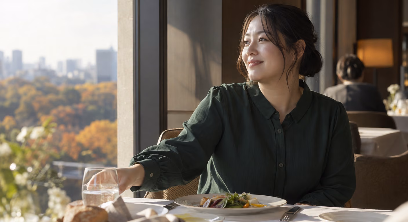 紅葉の見えるホテルのレストランの窓際の席で、女性が小さな襟とカフスのついたゆったりした深緑のブラウスを着て、グラスに手を伸ばしている