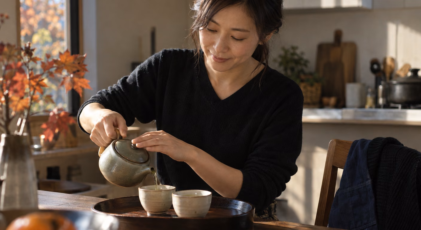 台所で、黒いニットの袖をひじの下まで上げた手が、木の盆に並べた湯のみに急須から茶を注いでいる